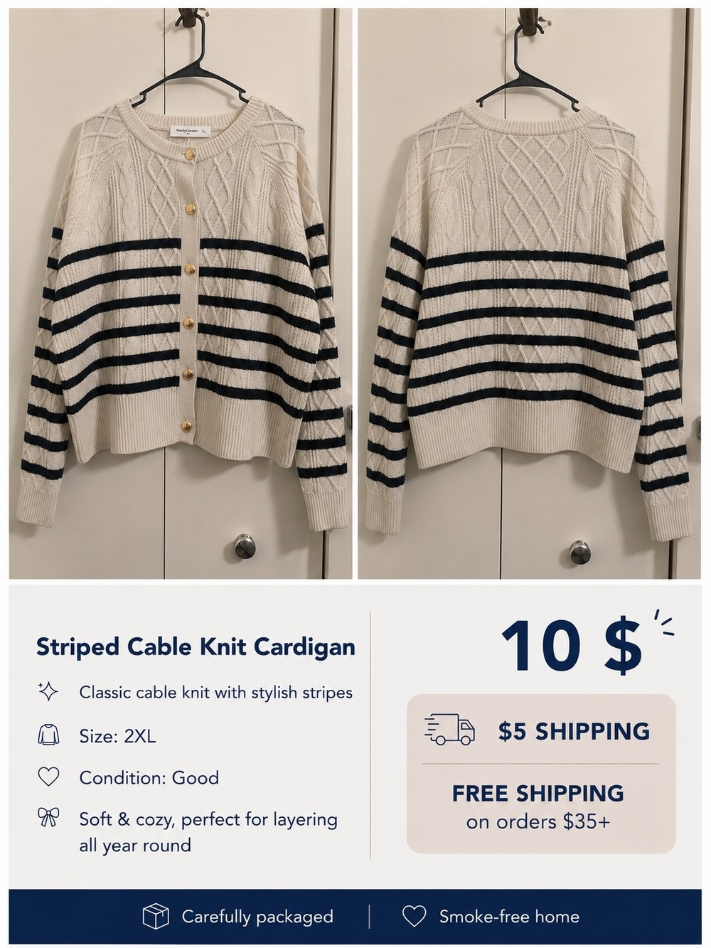 Striped Cable Knit Cardigan - Cream with Black Stripes